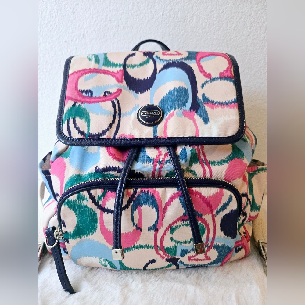 Coach Ikat Scribble Multicolor Signature Backpack Navy Trim - Picture 2 of 11